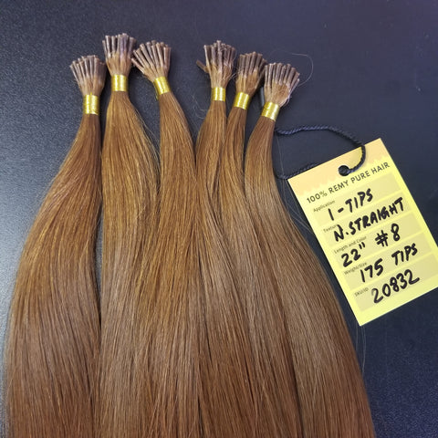 22 Inch I tips/Microlink Hair Extensions - 008 Light Chestnut Brown - Total 175 strands