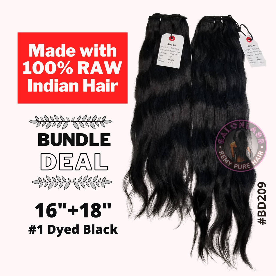 Remy Pure Dyed Black 16+18 Two Bundle Deal Natural Wave Hair color 001 JET Black - BD209